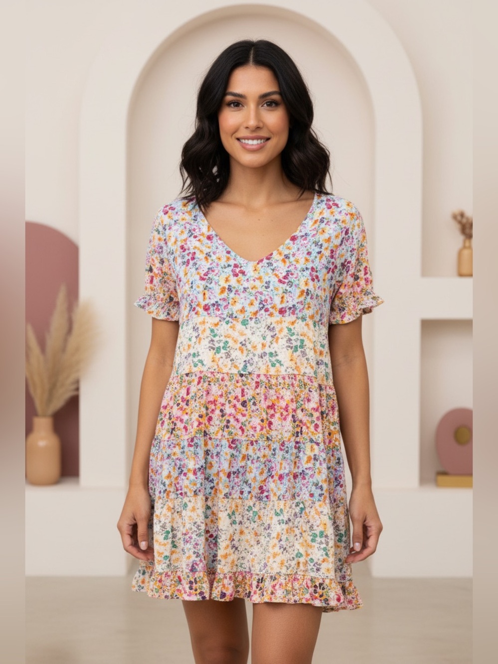Angie Floral Tiered Mini Dress - Size Medium